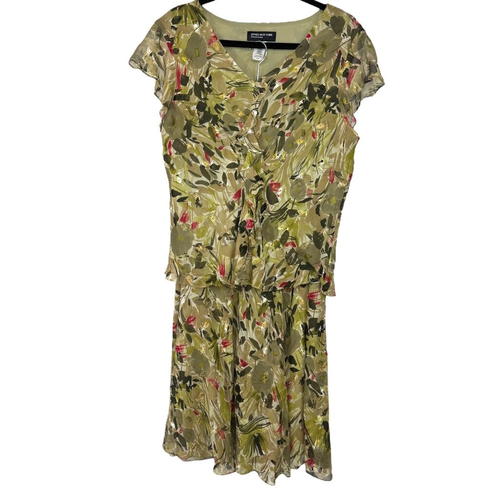 Jones New York Green floral print embroidered skirt & blouse set Size 16